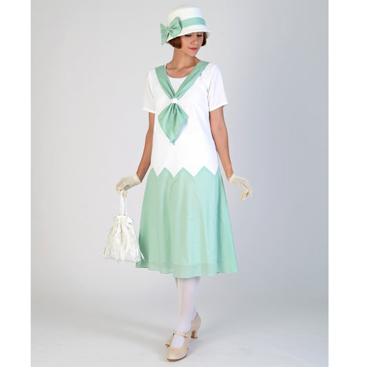1920s cotton day dress in white and mint green and zig zag seam - a Roaring Twenties dress
