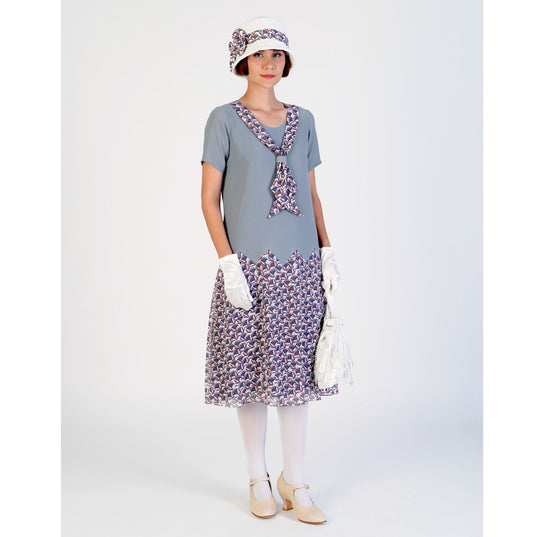 Off-white cotton 1920s cloche hat decorated with floral print and lined with grey linen fabric. Flapper hat, summer high tea hat or Great Gatsby hat.