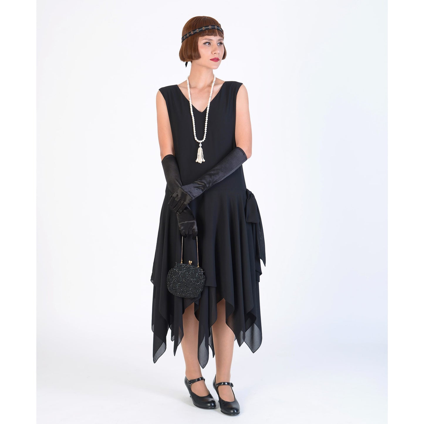 Black chiffon Great Gatsby party dress with handkerchief skirt