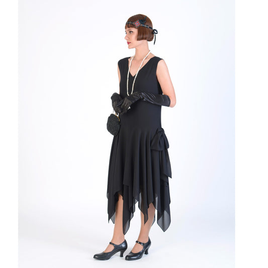 Black chiffon Great Gatsby party dress with handkerchief skirt - a vintage-inspired Roaring Twenties dress