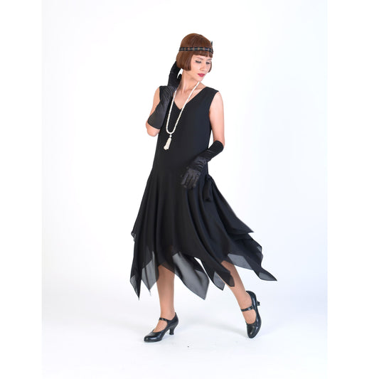 Black chiffon 1920s dress with a handkerchief skirt. The swing dance flapper dress can be worn as a Great Gatsby party dress or Charleston dress.