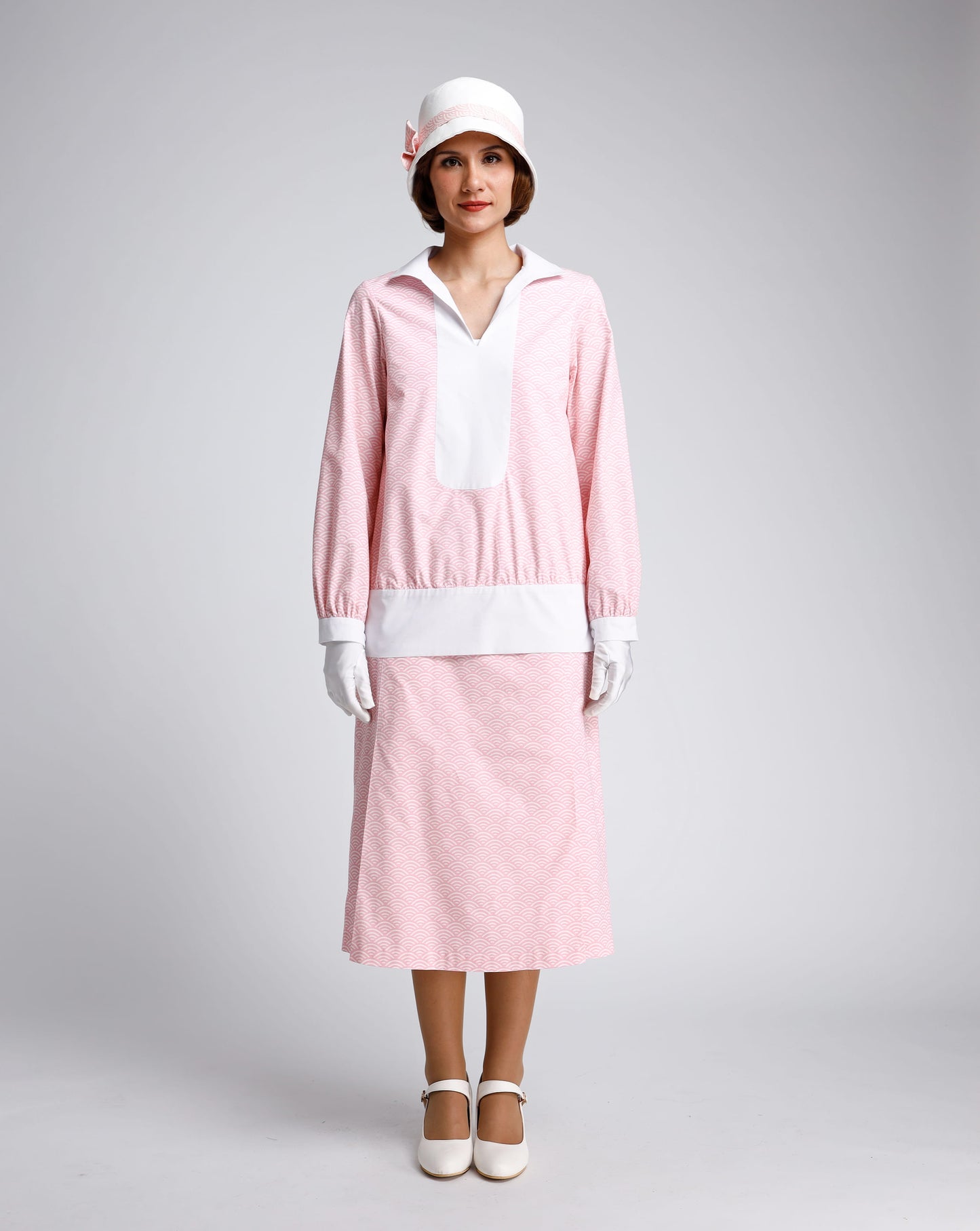 CLEARANCE: Cotton 2-Piece Gatsby Day Dress in Pink and Off-White Details