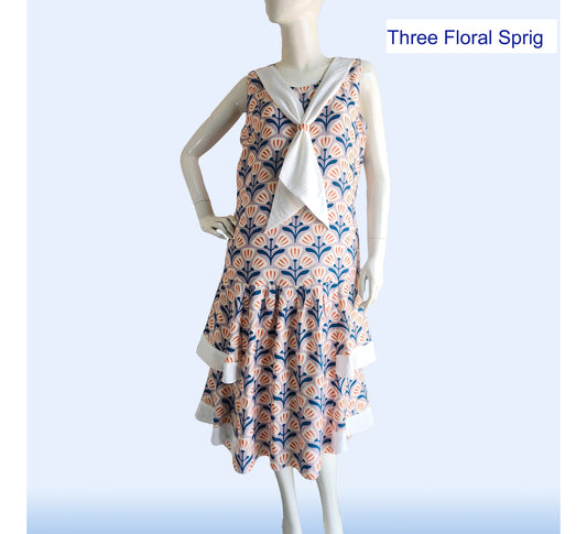 Rayon Gatsby dress with tiered skirt in three floral sprig print