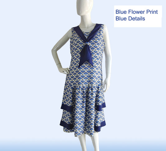 Blue Jazz Age Lawn Party Dress With Dark Blue Contrast Details