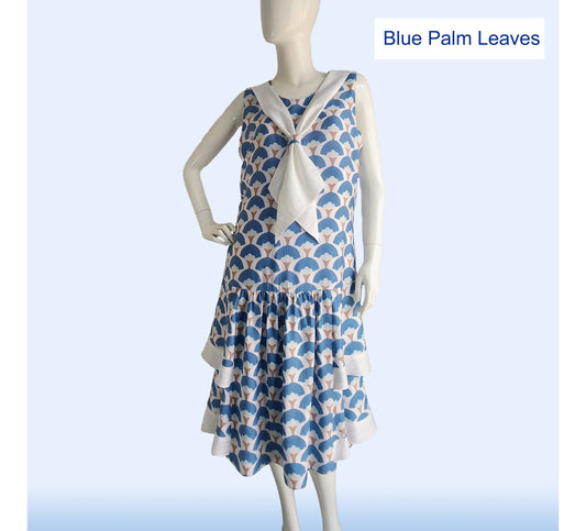 Rayon Gatsby dress with tiered skirt in blue palm leaves print