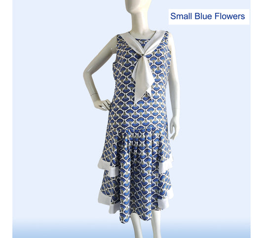 Rayon Gatsby dress with tiered skirt in small blue flowers print