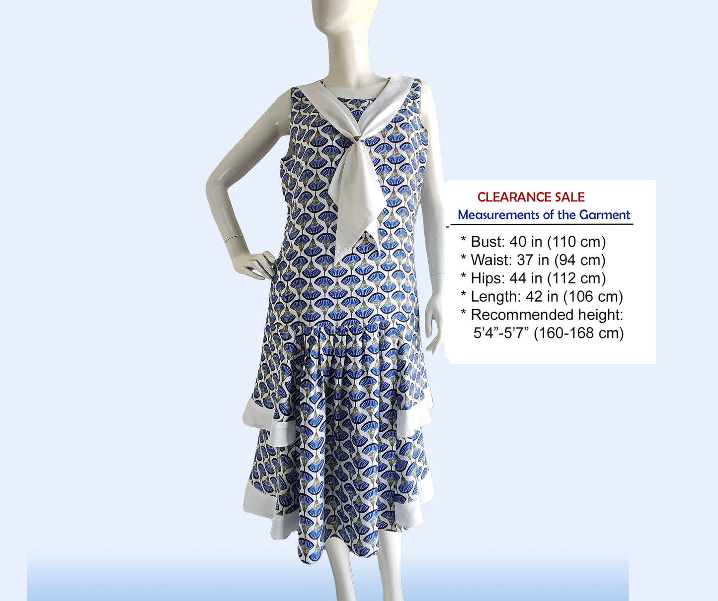 CLEARANCE: Rayon Gatsby dress with tiered skirt in small blue flowers print