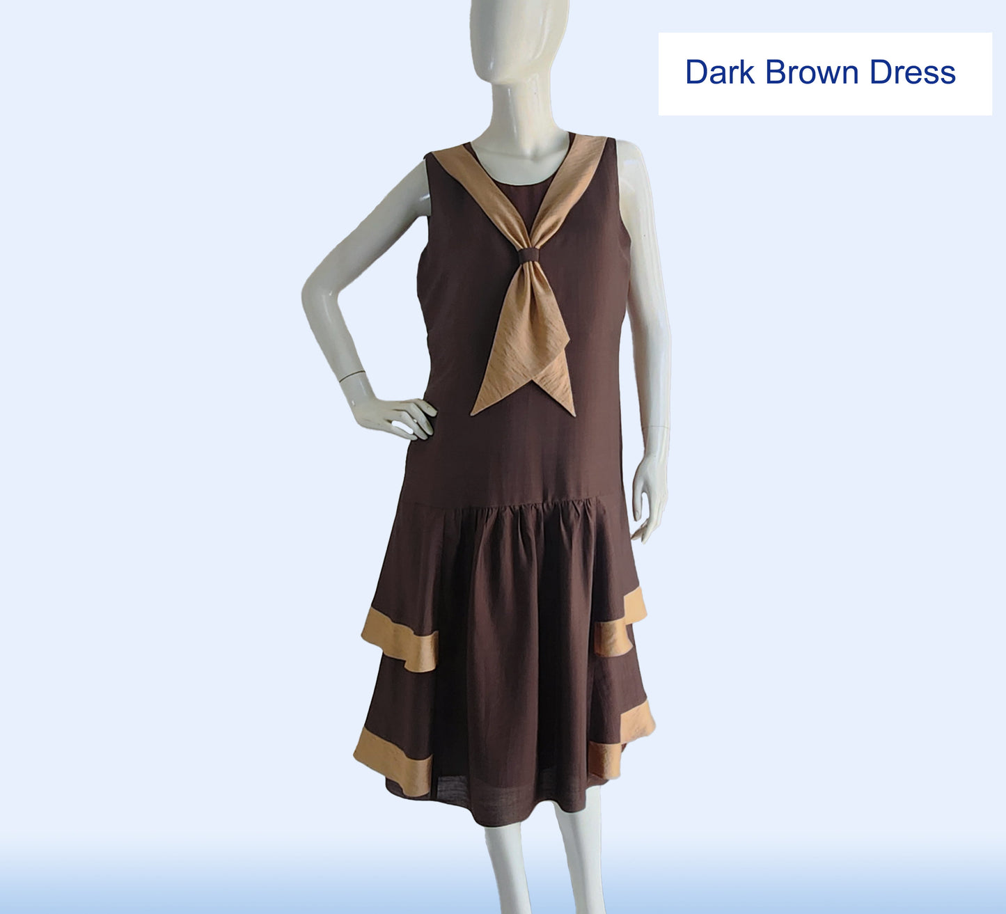 2-toned Brown Rayon 1920s Day Dress with Golden Brown Details