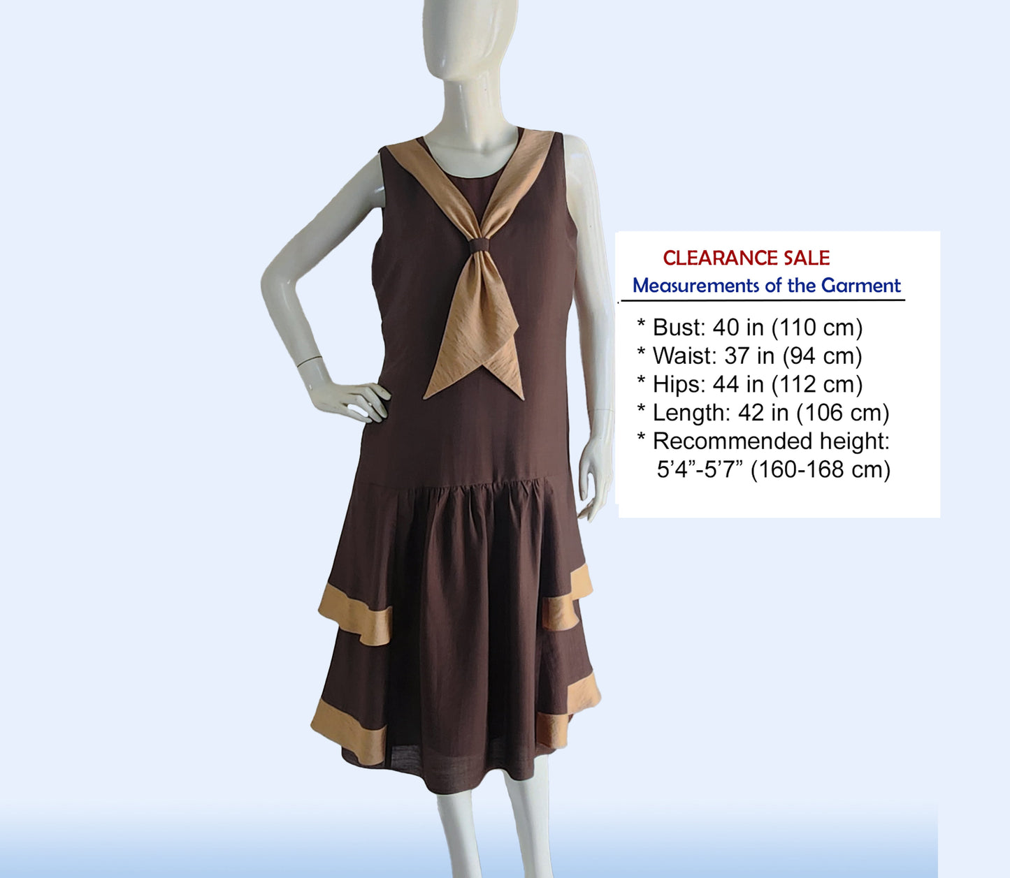 CLEARANCE: 2-toned Brown Rayon 1920s Day Dress with Golden Brown Details