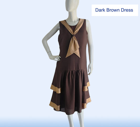 Golden brown Jazz Age Lawn Party Dress with Dark Brown Details