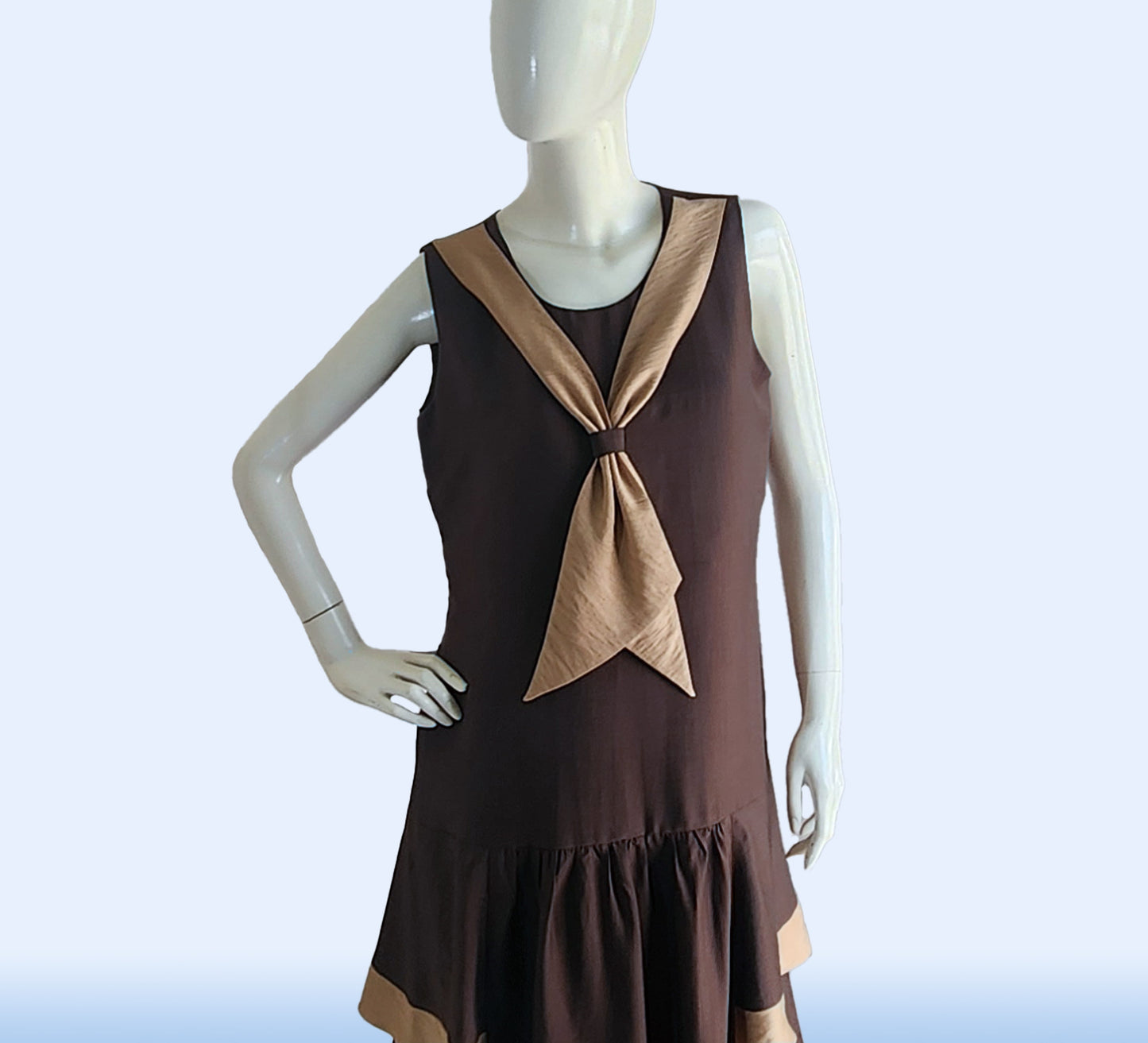 2-toned Brown Rayon 1920s Day Dress with Golden Brown Details