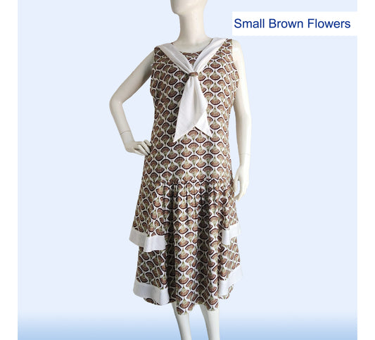 Rayon Gatsby dress with tiered skirt in small brown flowers print