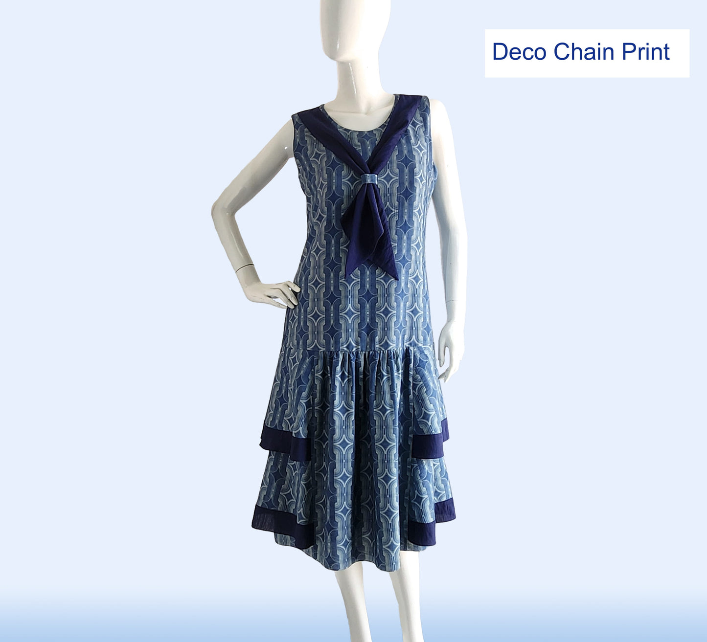 Blue 1920s Gatsby Day Dress in Deco Chain Print