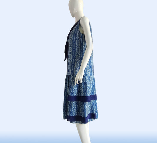 Blue 1920s Gatsby Day Dress in Deco Chain Print