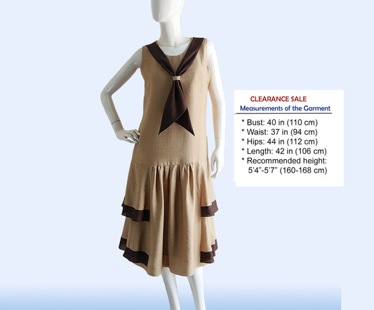 CLEARANCE: Golden brown Jazz Age Lawn Party Dress with Dark Brown Details