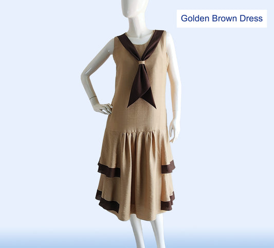 Golden brown Jazz Age Lawn Party Dress with Dark Brown Details