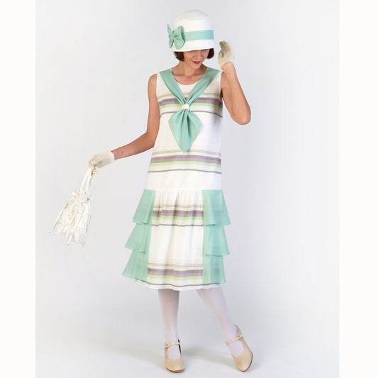 1920s cotton garden party dress in light cream and mint green - a Roaring Twenties dress
