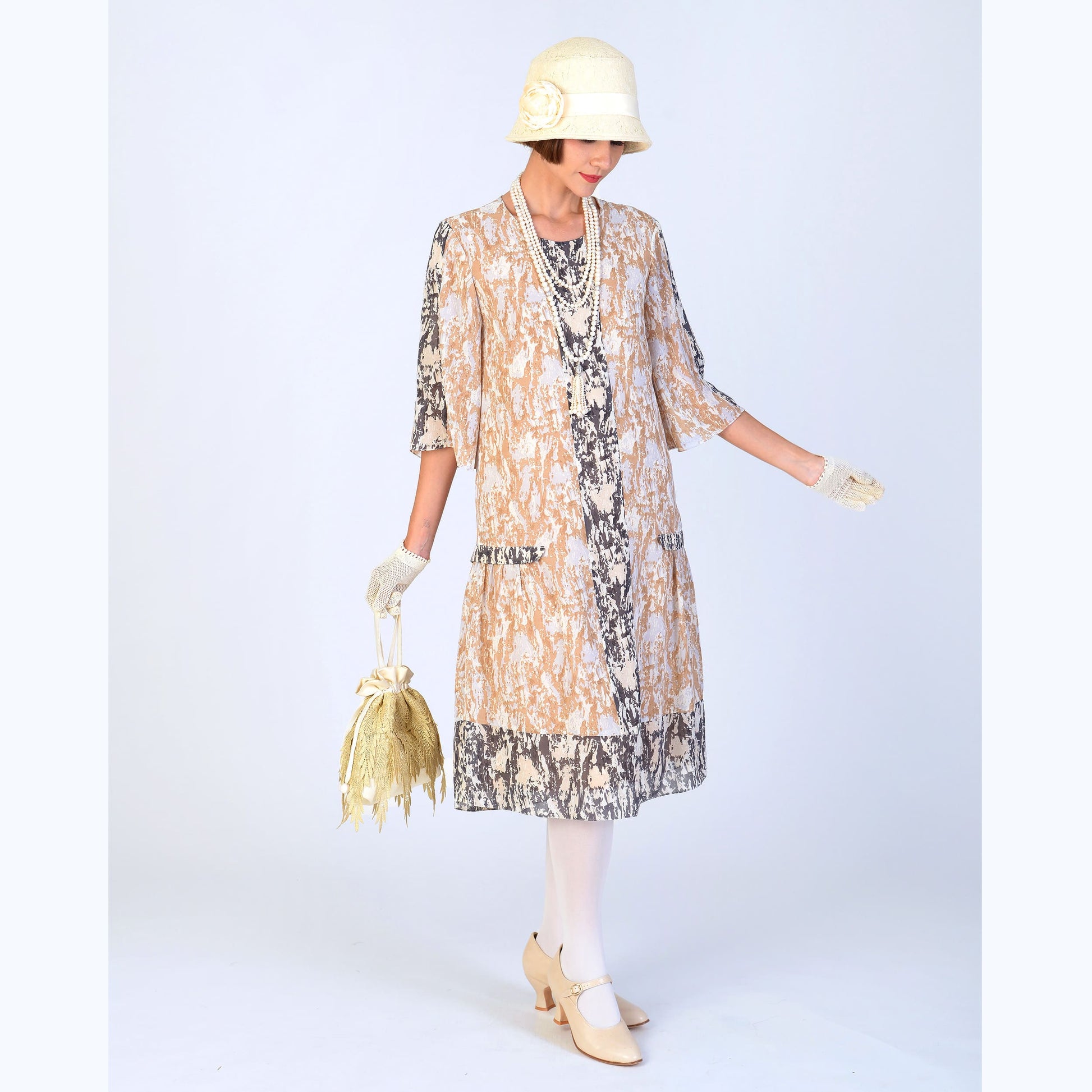 This roaring twenties dress in brown and black camouflage color can be worn as a Great Gatsby dress, flapper or Downton Abbey dress 