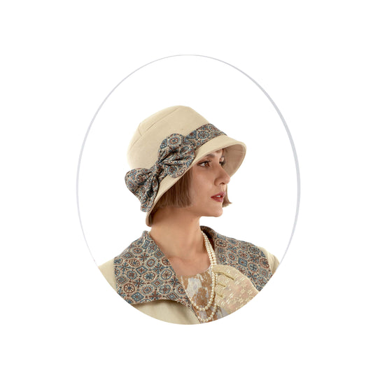 Light brown linen cloche hat with vintage printed band and bow