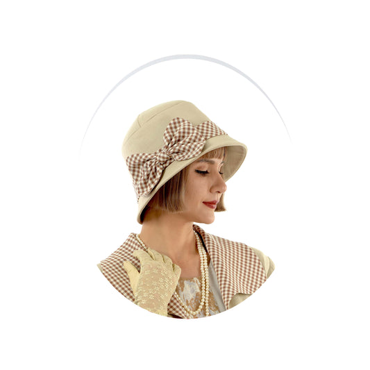 Light brown 1920s style linen cloche hat with plaid ribbon - a vintage-inspired cloche hat