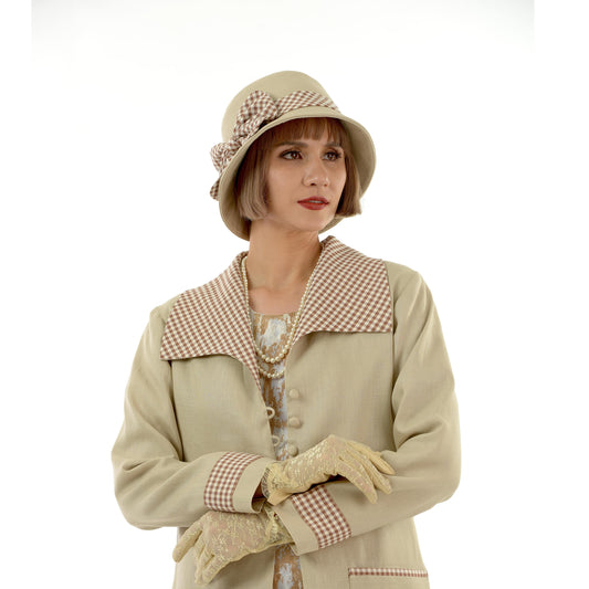 Light brown 1920s style linen cloche hat with plaid ribbon