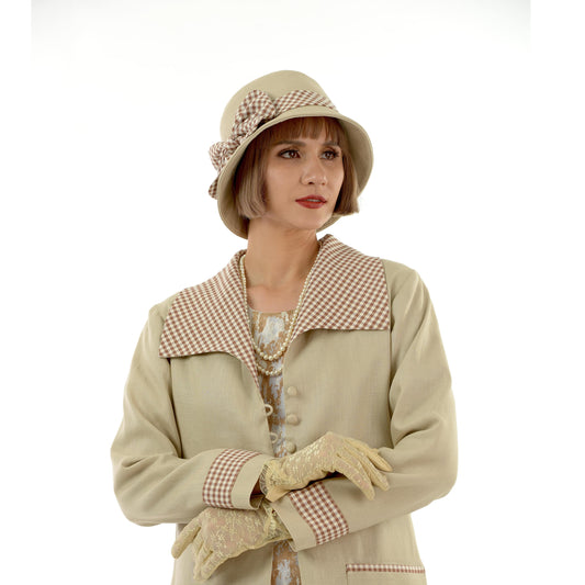 Light brown linen 1920s hat with plaid ribbon. The 1920s fashion inspired summer hat can be worn as a high tea hat or Gatsby hat.