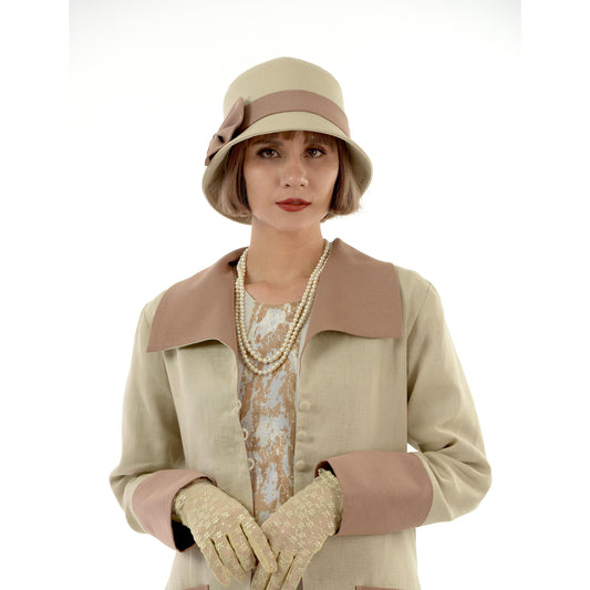 2-tone brown linen cloche hat. This 1920s hat can be worn as a Great Gatsby hat, flapper hat, 1920s high tea hat or Downton Abbey hat.