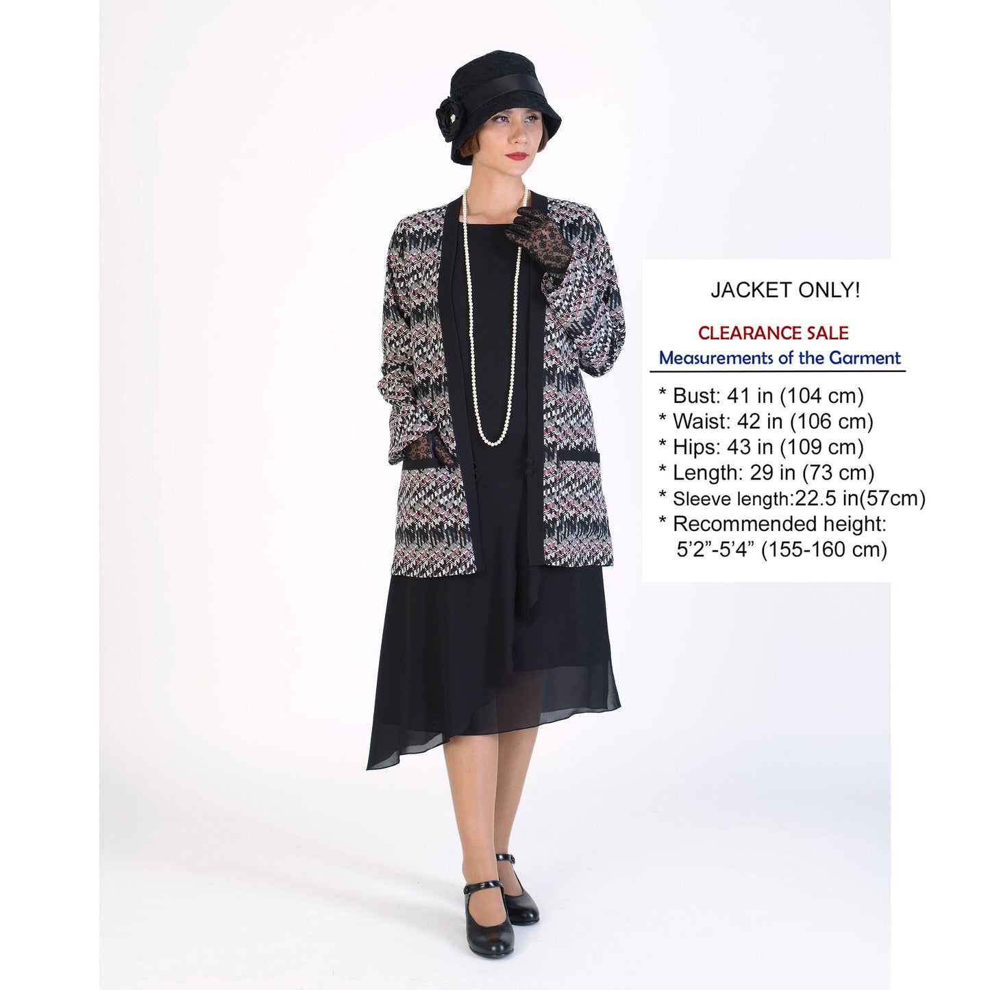 CLEARANCE: Vintage-inspired chiffon 1920s jacket in black/white/red