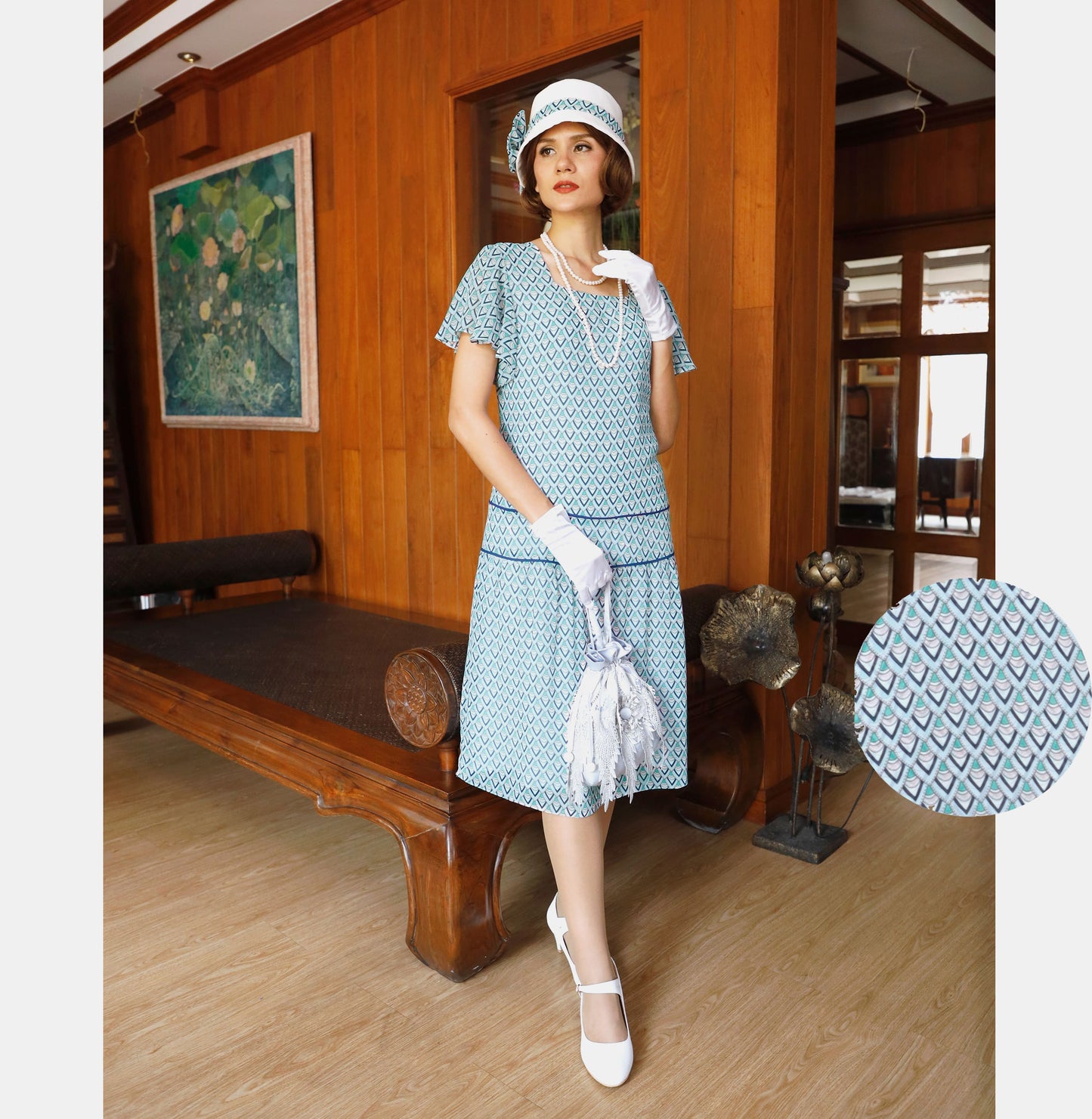 Great Gatsby day dress in printed blue chiffon with flutter sleeves