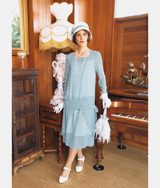 2-piece Gatsby chiffon day dress in printed light blue