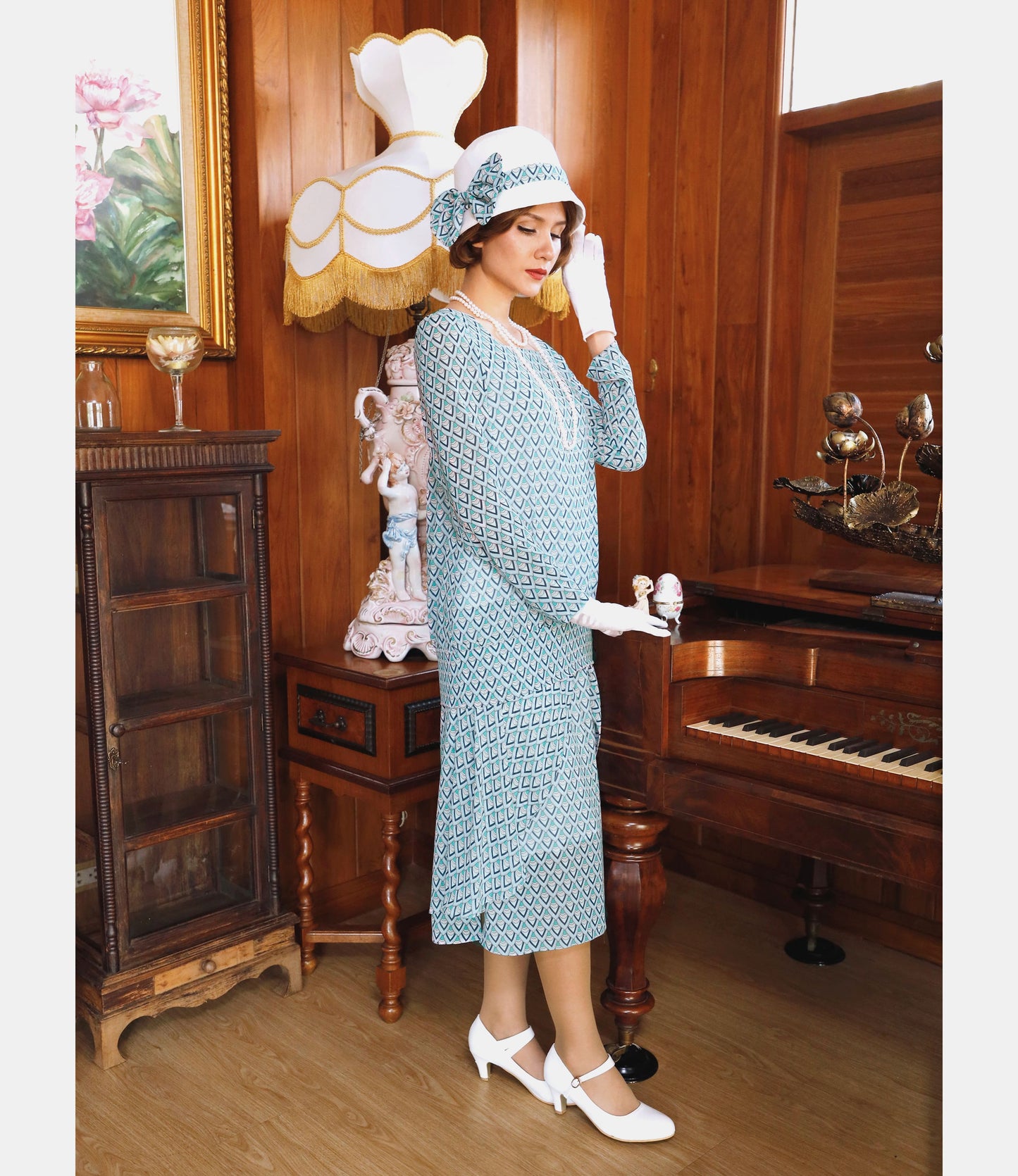 2-piece Gatsby chiffon tea day dress in printed light blue