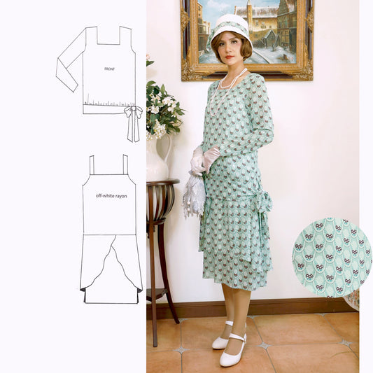 1920s 2-piece high tea dress in printed green chiffon - a vintage-inspired dress