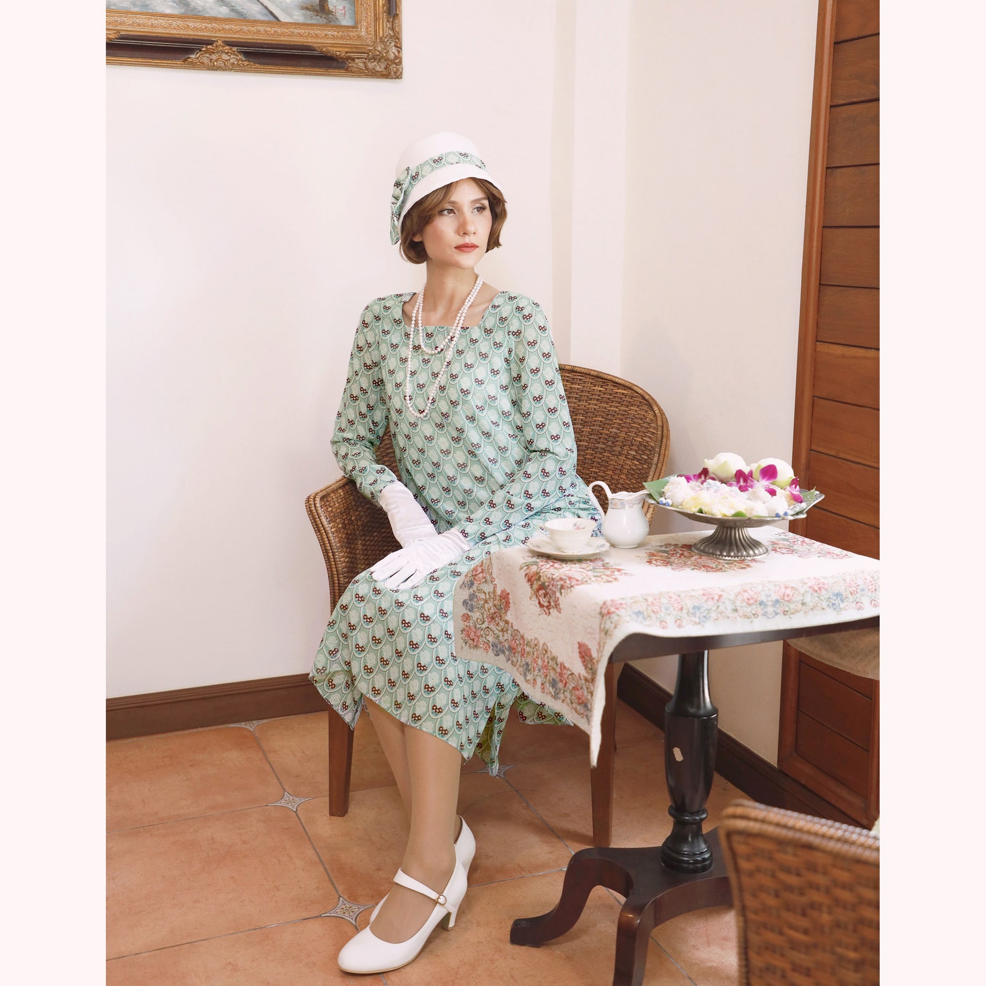 1920s 2-piece high tea dress in printed green chiffon LaVieDelight 1920s 2-piece high tea dress in printed green chiffon LaVieDelight