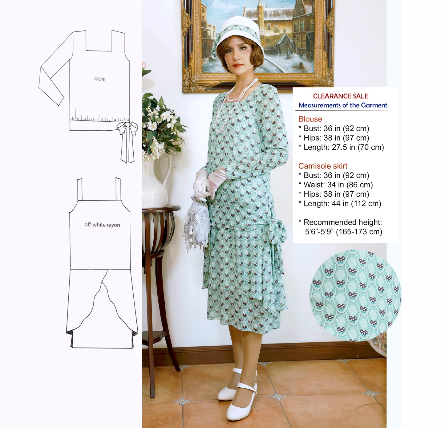 CLEARANCE: 1920s 2-piece high tea dress in printed green chiffon
