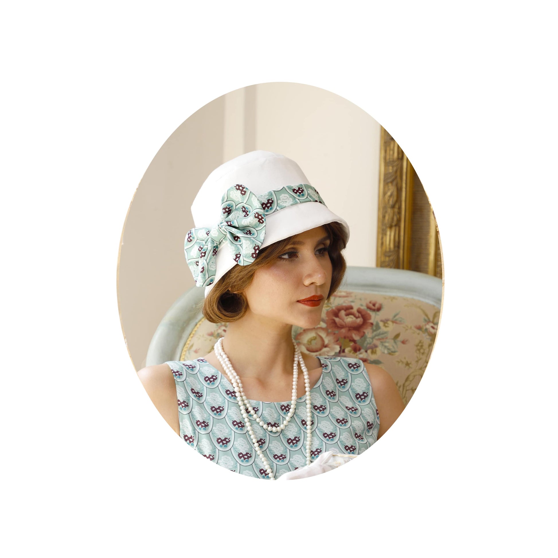 1920s cloche hat with off-white cotton and printed light green chiffon - a roaring twenties hat