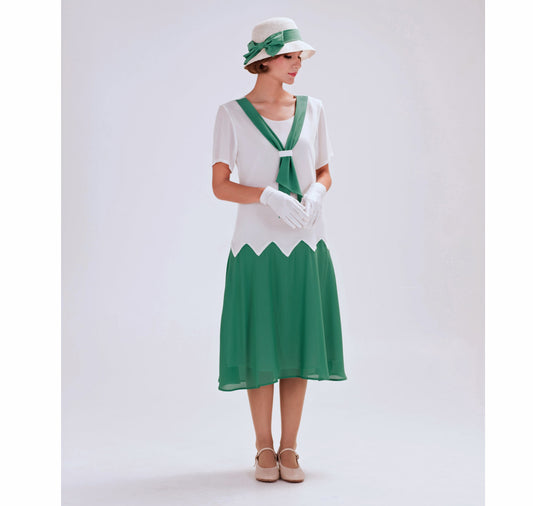 1920s-style dress in off-white & jade green chiffon with zigzag detail