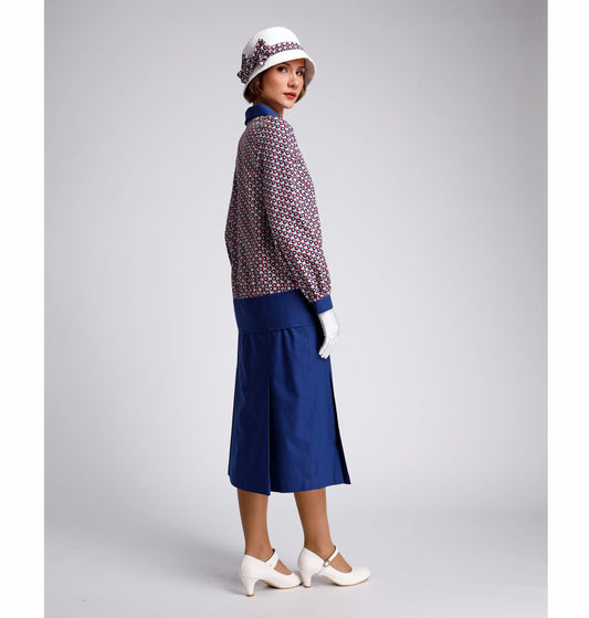 CLEARANCE: 1920s Cotton 2-Piece Gatsby Day Dress in Solid Blue and blue/grey/red print