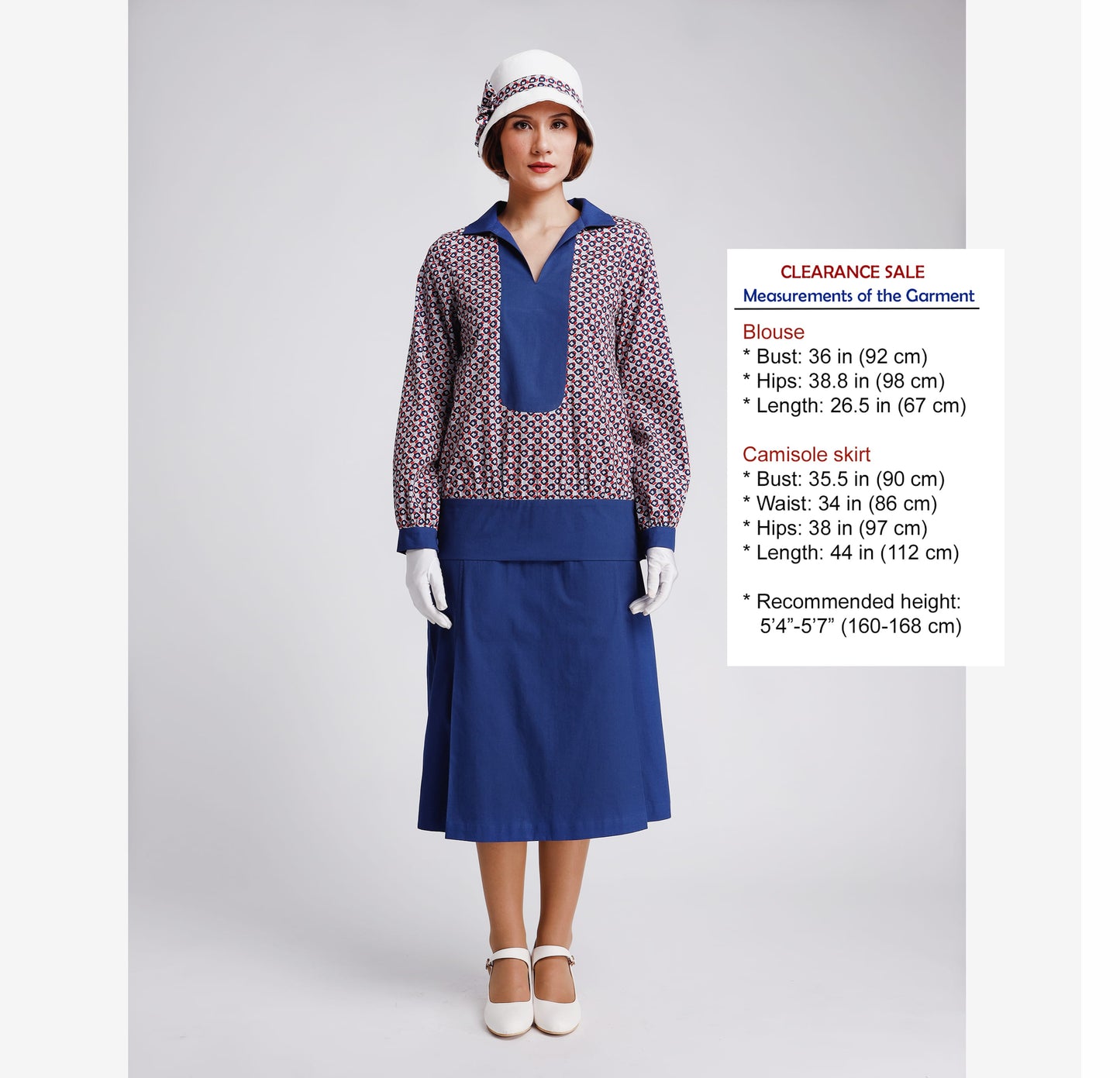 CLEARANCE: 1920s Cotton 2-Piece Gatsby Day Dress in Solid Blue and blue/grey/red print