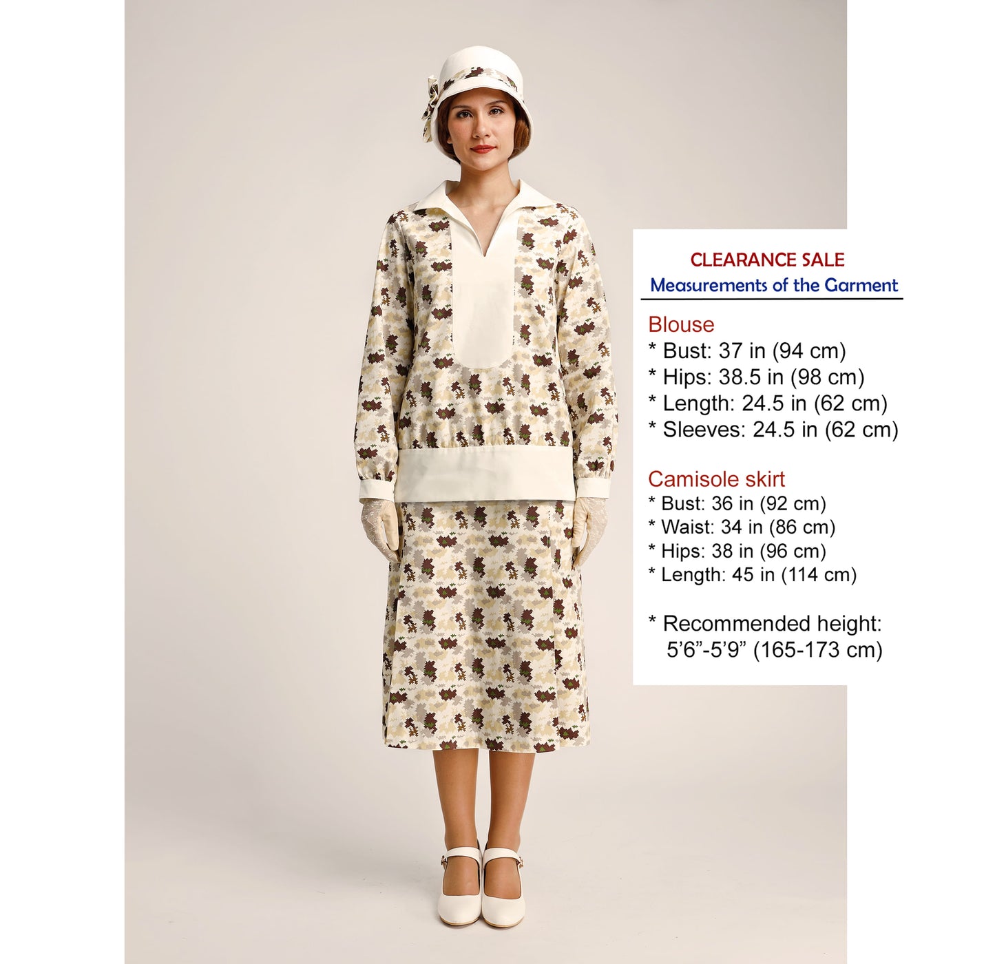 CLEARANCE: Cotton Print Gatsby Style 1920s 2-piece Dress with Long Sleeves