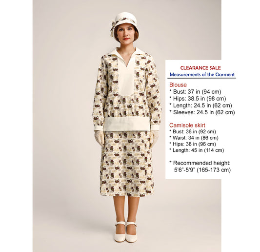 CLEARANCE: Cotton Print Gatsby Style 1920s 2-piece Dress with Long Sleeves