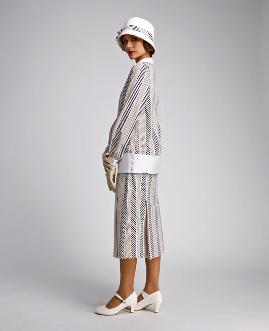 CLEARANCE: 1920s Cotton Print Day Dress Set with Long Sleeves and White Details