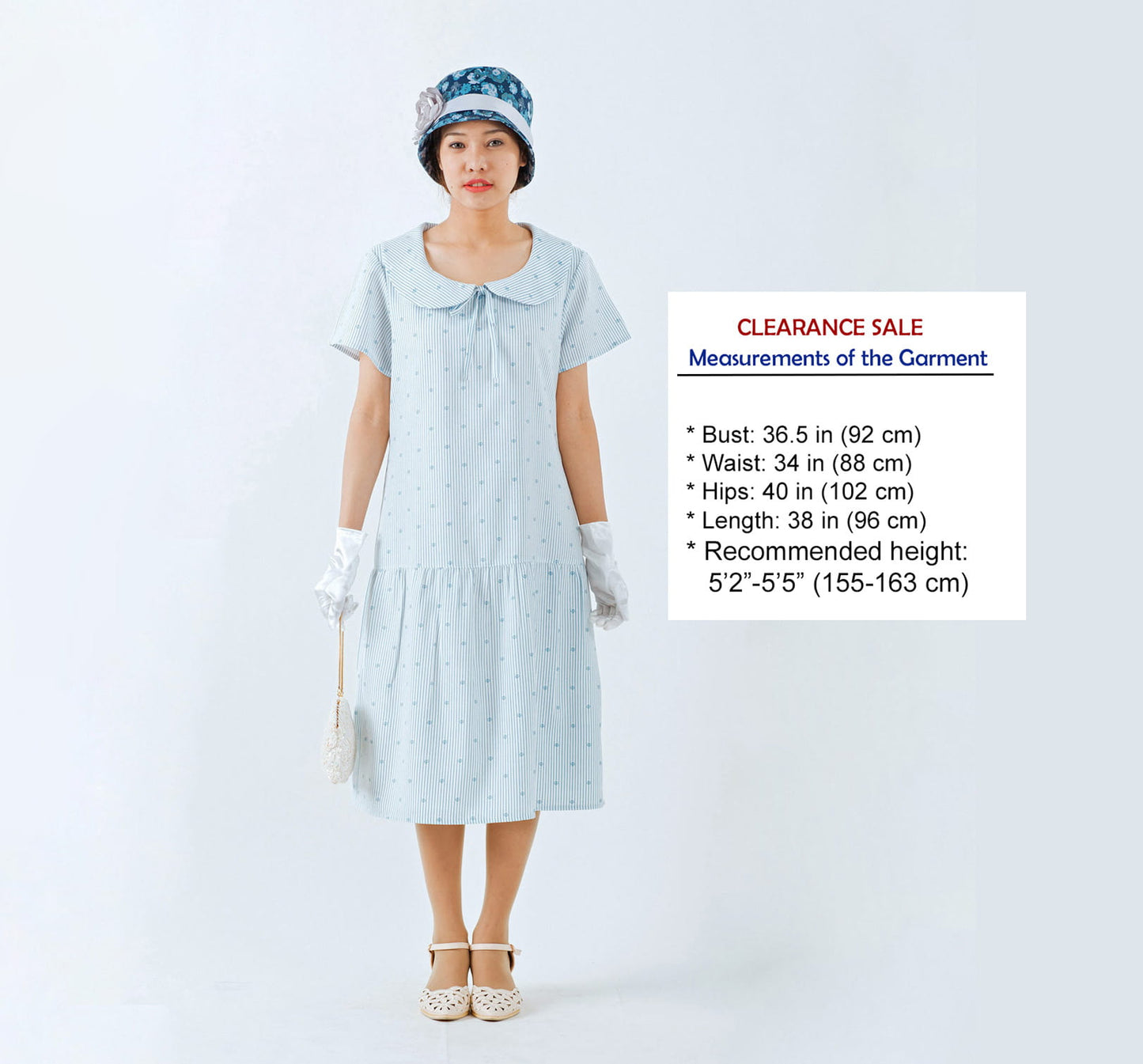 CLEARANCE: 1920s Day Dress in White and Blue with Short Sleeves and Peter Pan Collar