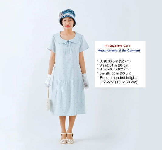 CLEARANCE: 1920s Day Dress in White and Blue with Short Sleeves and Peter Pan Collar