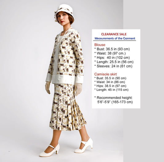 CLEARANCE: 2-piece Cotton 1920s Day Dress in Light Brown Print with Pleated Skirt