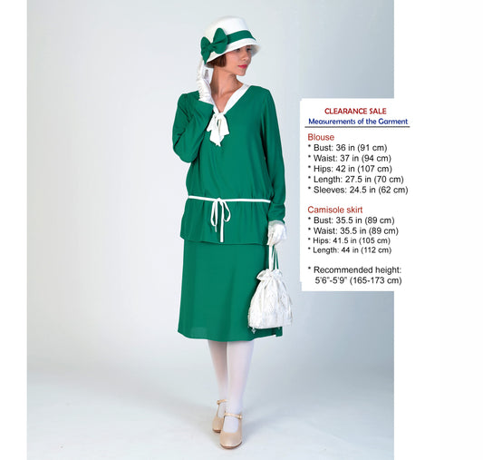 CLEARANCE: 2-piece 1920s Gatsby Style ensemble in Green with Off-white Details
