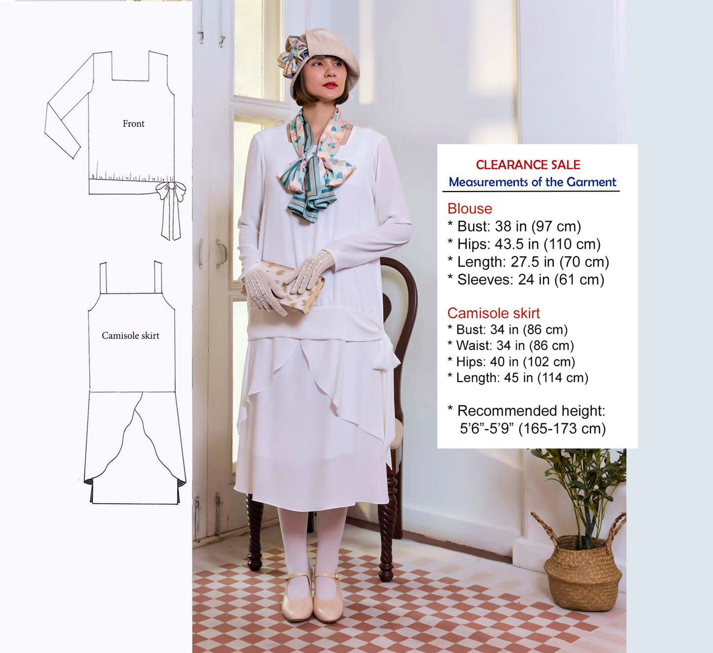 CLEARANCE: 2-piece chiffon Great Gatsby tea dress in off-white with long sleeves