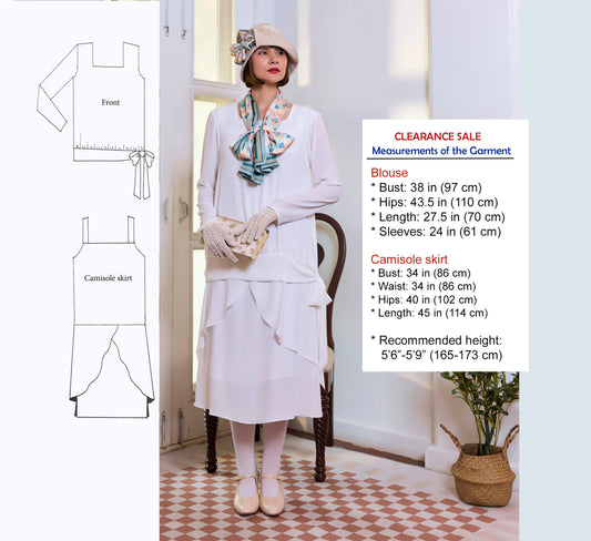 CLEARANCE: 2-piece chiffon Great Gatsby tea dress in off-white with long sleeves