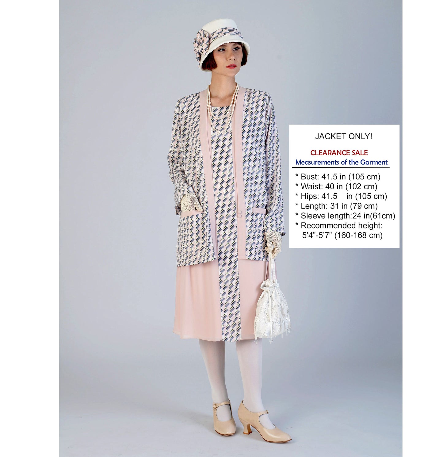 CLEARANCE: Vintage-inspired chiffon 1920s jacket with nude and print
