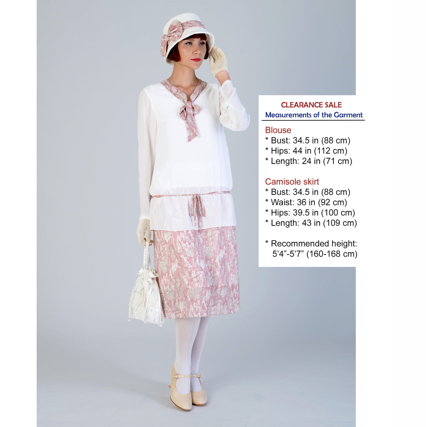 CLEARANCE: 2-piece 1920s reproduction day dress in off white & pink camouflage print