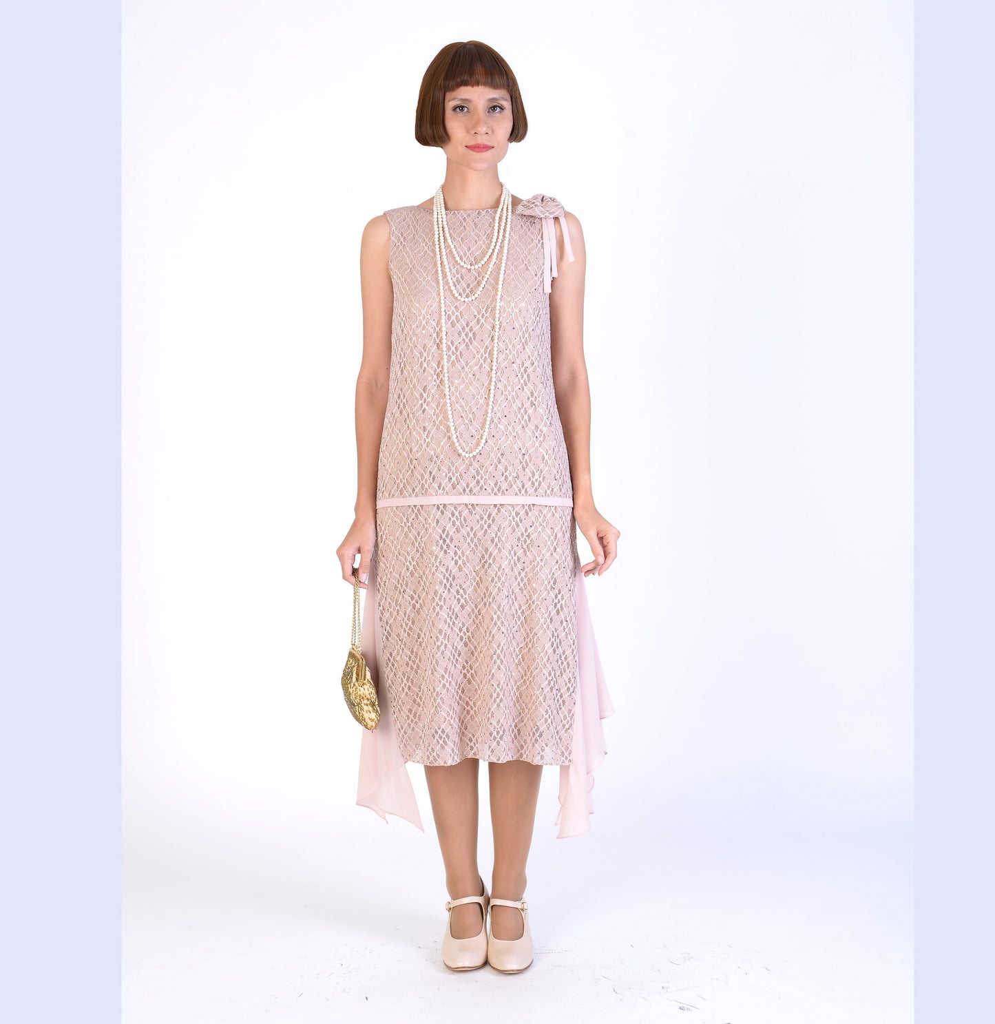 CLEARANCE: Roaring 20s Formal Evening Wear in Nude Color and Shimmer Lace